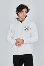 Erkek 3 İplik Pamuklu Fermuarlı Kapüşonlu Kanguru Cepli Baskılı Hoodie Hırka Sweatshirt - Beyaz