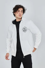 Erkek 3 İplik Pamuklu Fermuarlı Kapüşonlu Kanguru Cepli Baskılı Hoodie Hırka Sweatshirt - Beyaz