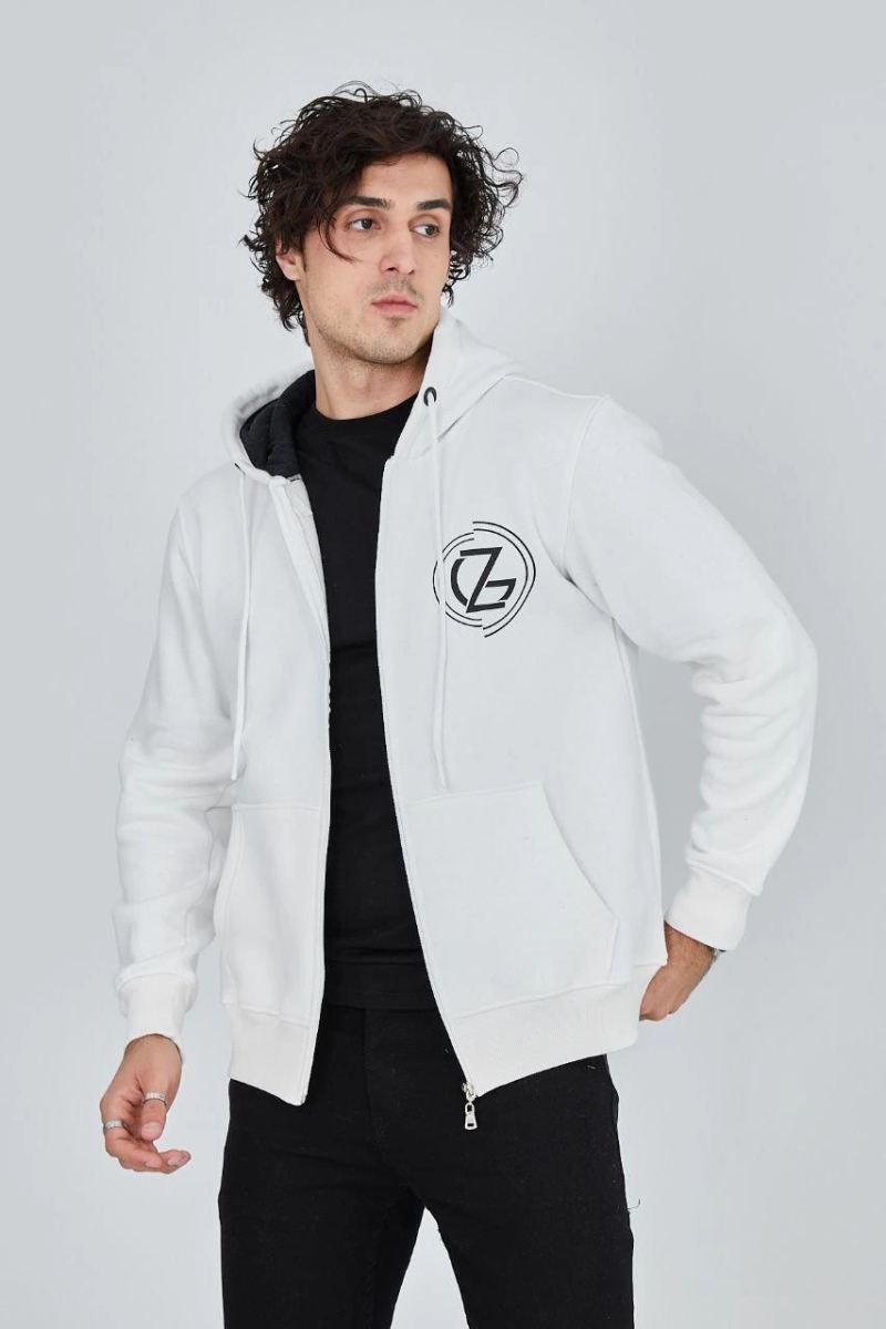 Erkek 3 İplik Pamuklu Fermuarlı Kapüşonlu Kanguru Cepli Baskılı Hoodie Hırka Sweatshirt - Beyaz