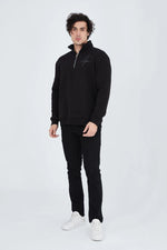 Erkek Yarım Fermuarlı Baskılı 3  iplik pamuklu sweatshirt - Siyah