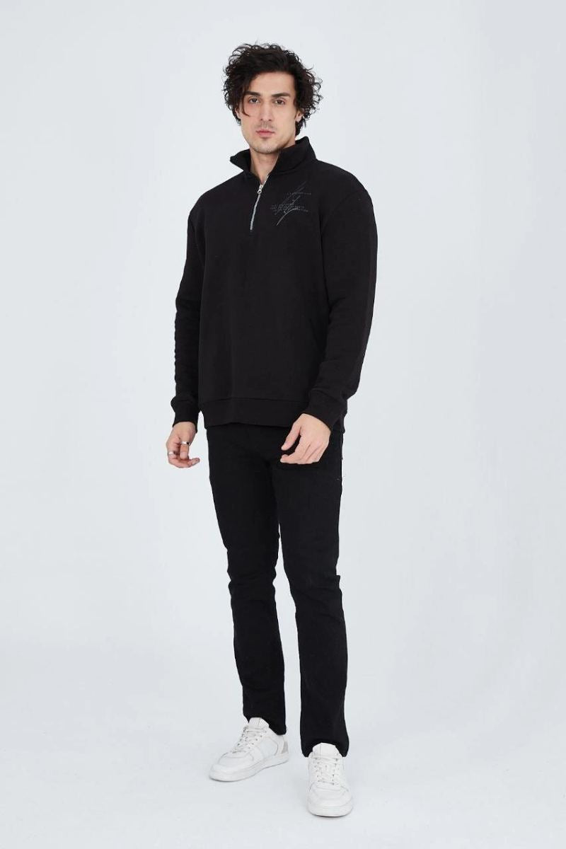 Erkek Yarım Fermuarlı Baskılı 3  iplik pamuklu sweatshirt - Siyah