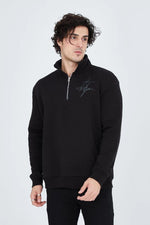Erkek Yarım Fermuarlı Baskılı 3  iplik pamuklu sweatshirt - Siyah