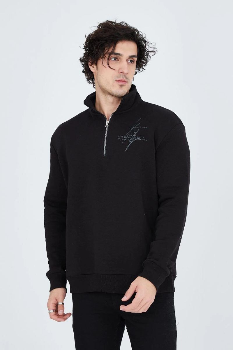 Erkek Yarım Fermuarlı Baskılı 3  iplik pamuklu sweatshirt - Siyah