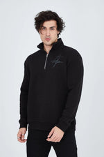 Erkek Yarım Fermuarlı Baskılı 3  iplik pamuklu sweatshirt - Siyah
