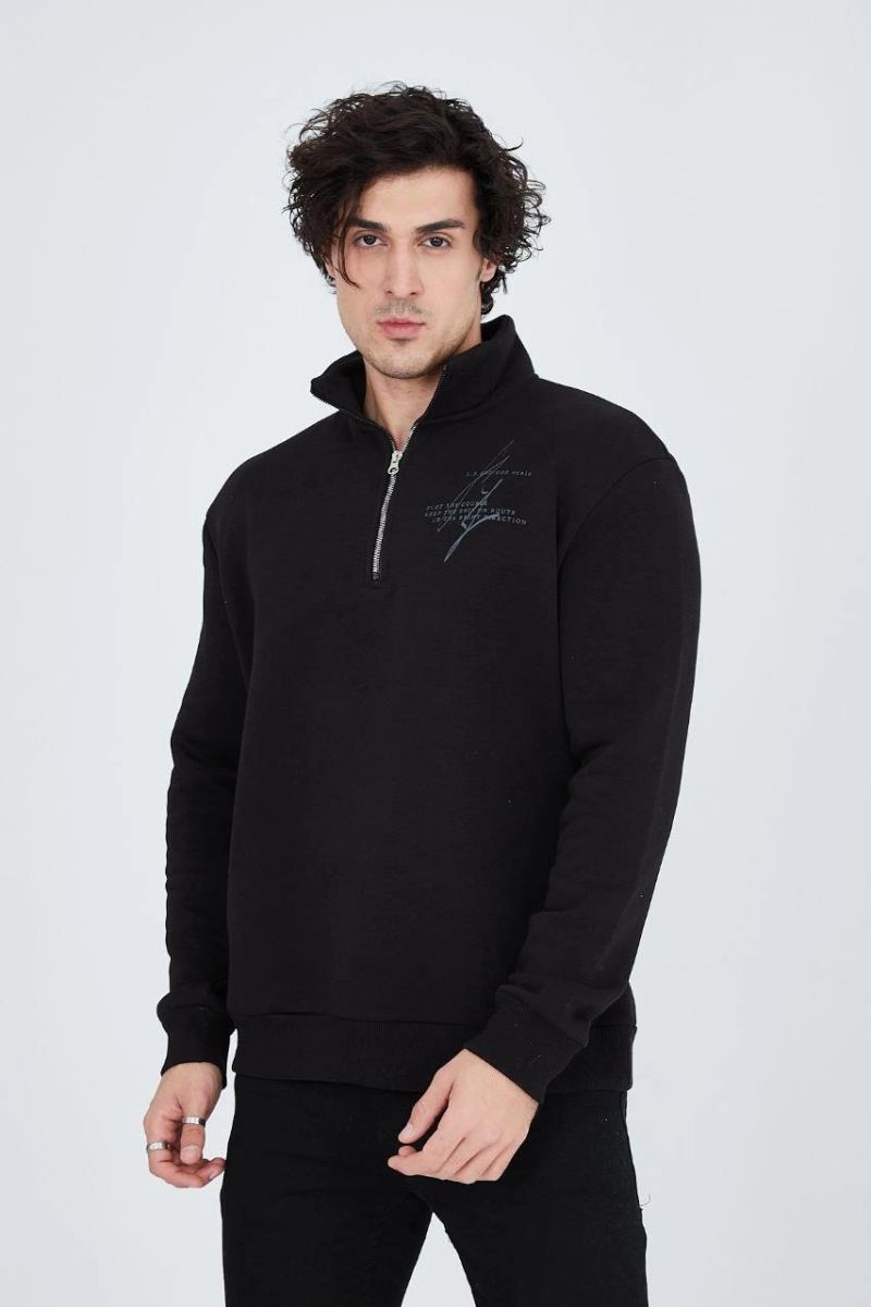 Erkek Yarım Fermuarlı Baskılı 3  iplik pamuklu sweatshirt - Siyah