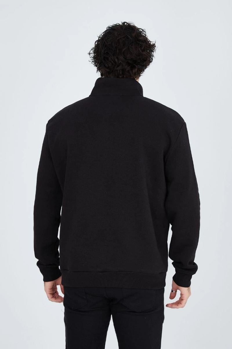 Erkek Yarım Fermuarlı Baskılı 3  iplik pamuklu sweatshirt - Siyah