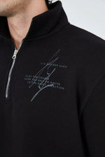 Erkek Yarım Fermuarlı Baskılı 3  iplik pamuklu sweatshirt - Siyah