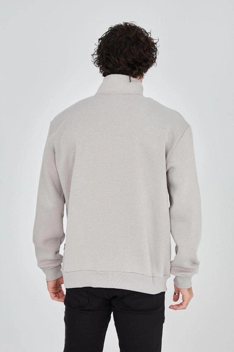 Erkek Yarım Fermuarlı Baskılı 3 iplik pamuklu sweatshirt - Boyalı Gri