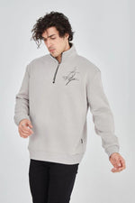 Erkek Yarım Fermuarlı Baskılı 3 iplik pamuklu sweatshirt - Boyalı Gri
