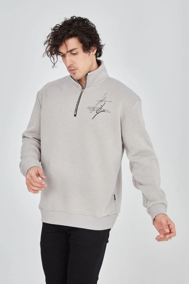 Erkek Yarım Fermuarlı Baskılı 3 iplik pamuklu sweatshirt - Boyalı Gri