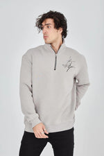 Erkek Yarım Fermuarlı Baskılı 3 iplik pamuklu sweatshirt - Boyalı Gri