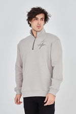 Erkek Yarım Fermuarlı Baskılı 3 iplik pamuklu sweatshirt - Boyalı Gri
