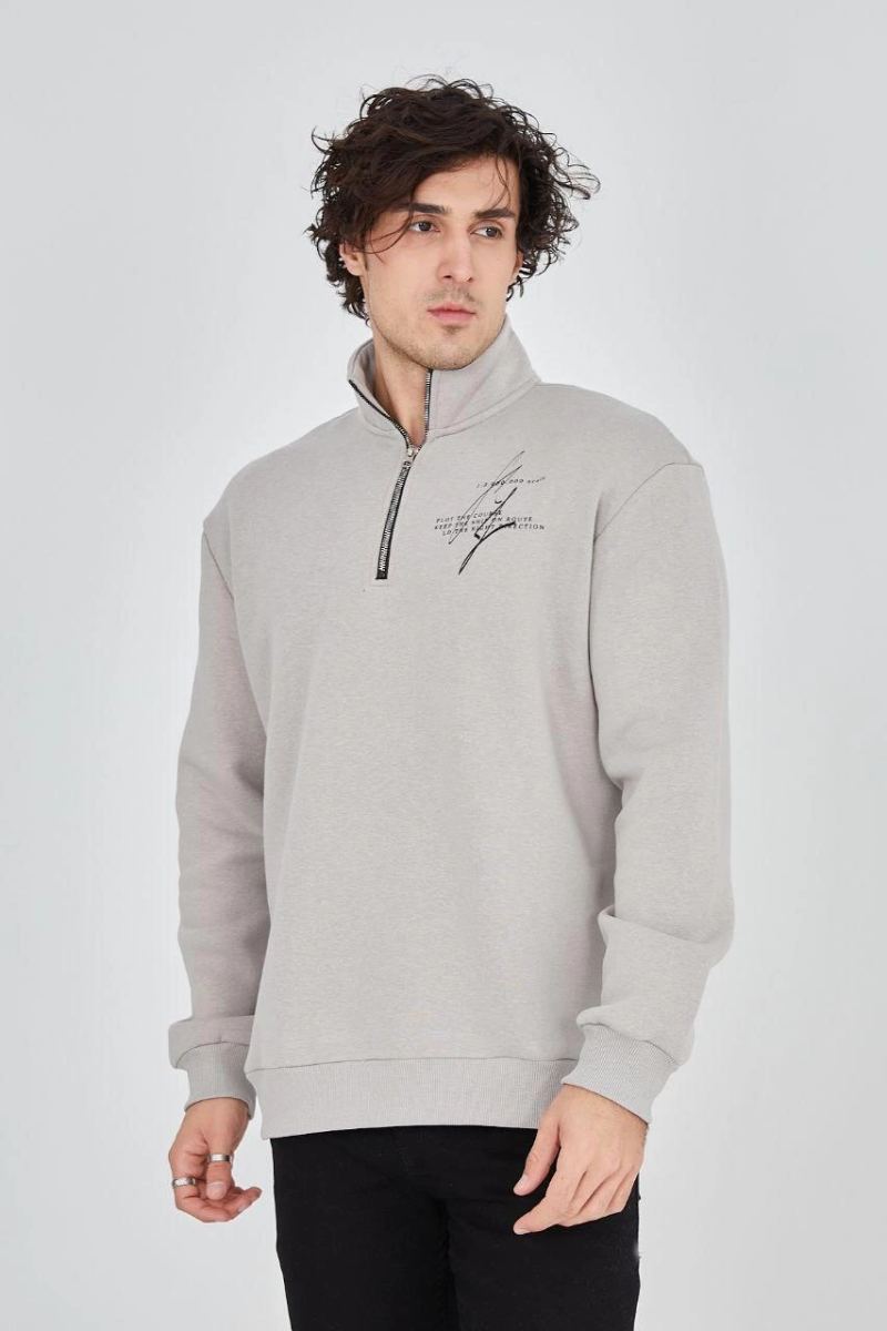 Erkek Yarım Fermuarlı Baskılı 3 iplik pamuklu sweatshirt - Boyalı Gri