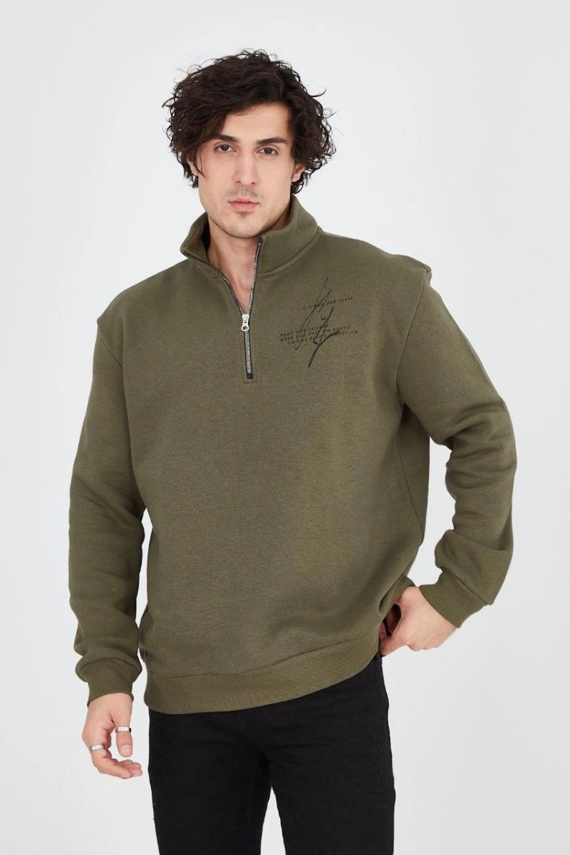 Erkek Yarım Fermuarlı Baskılı 3 iplik pamuklu sweatshirt - Yeşil