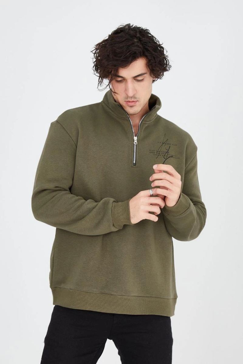 Erkek Yarım Fermuarlı Baskılı 3 iplik pamuklu sweatshirt - Yeşil