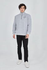 Erkek Yarım Fermuarlı Baskılı 3 iplik pamuklu sweatshirt - Gri
