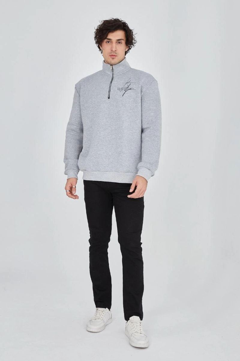 Erkek Yarım Fermuarlı Baskılı 3 iplik pamuklu sweatshirt - Gri