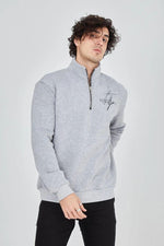 Erkek Yarım Fermuarlı Baskılı 3 iplik pamuklu sweatshirt - Gri