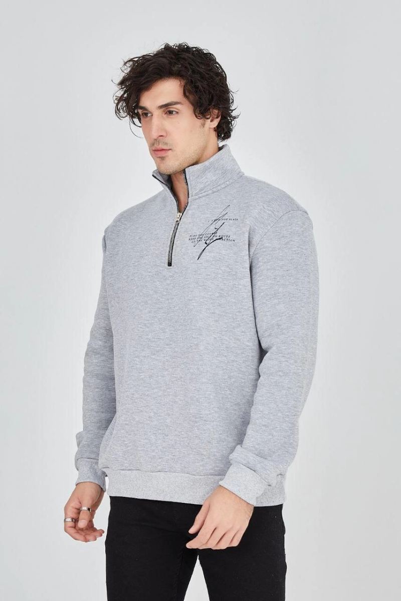 Erkek Yarım Fermuarlı Baskılı 3 iplik pamuklu sweatshirt - Gri
