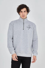 Erkek Yarım Fermuarlı Baskılı 3 iplik pamuklu sweatshirt - Gri