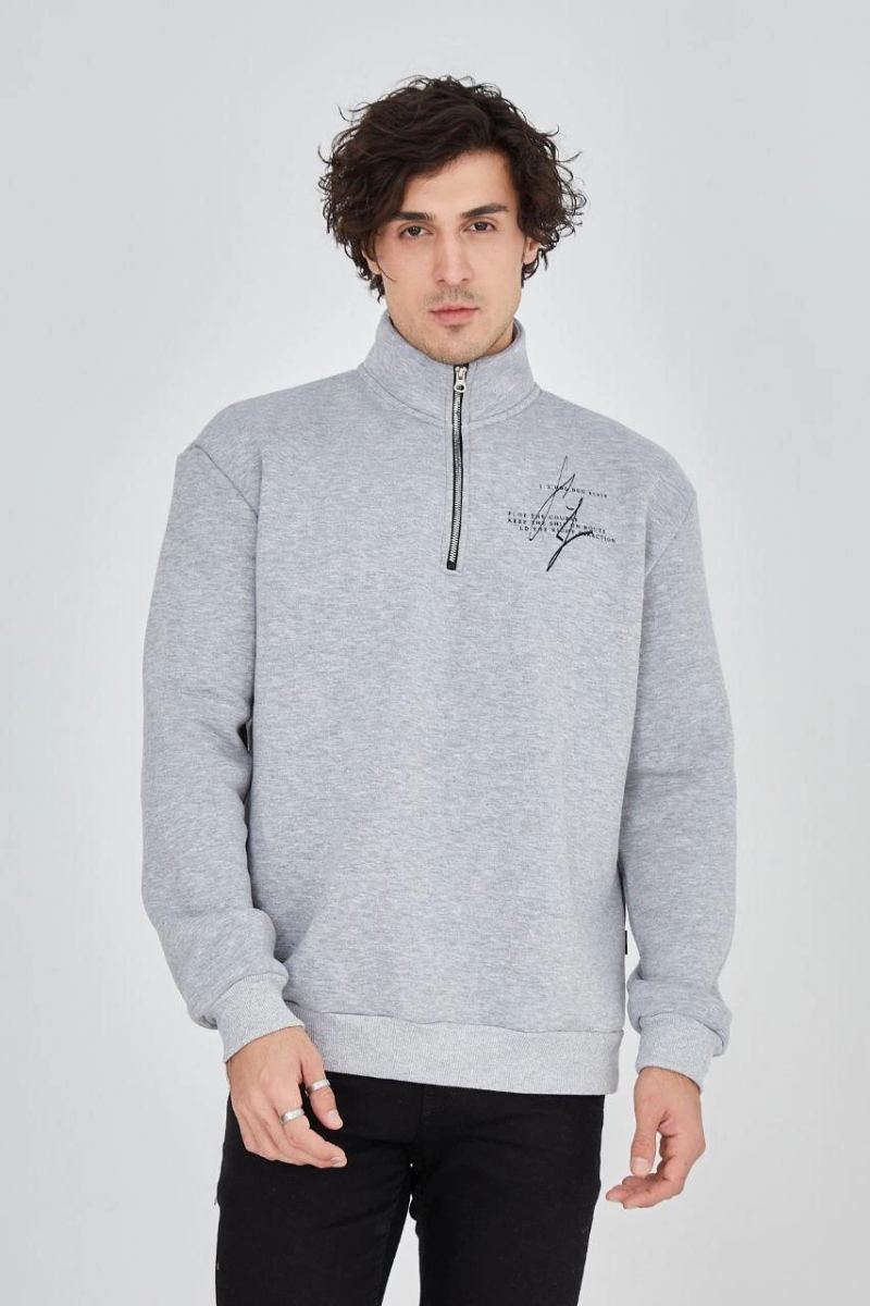 Erkek Yarım Fermuarlı Baskılı 3 iplik pamuklu sweatshirt - Gri