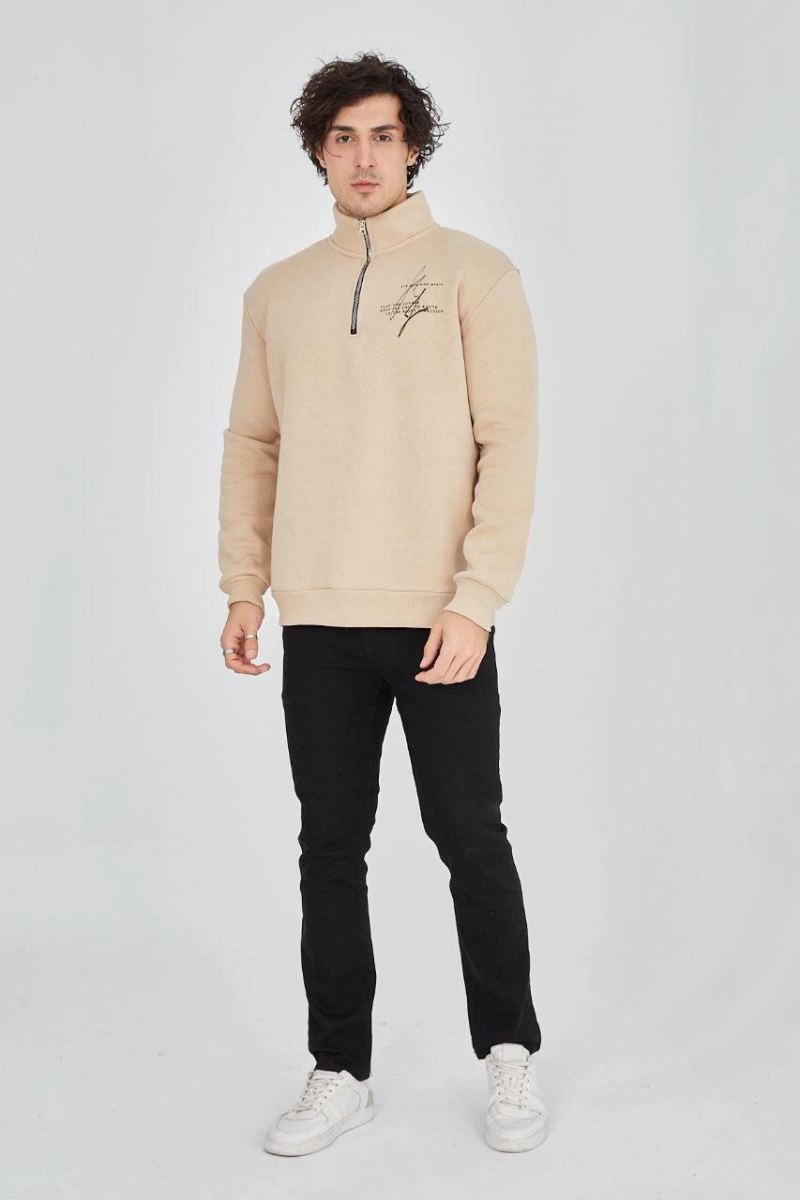 Erkek Yarım Fermuarlı Baskılı 3 iplik pamuklu sweatshirt - Bej