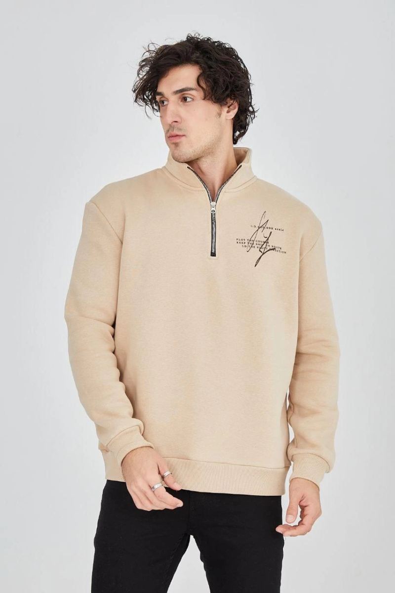 Erkek Yarım Fermuarlı Baskılı 3 iplik pamuklu sweatshirt - Bej