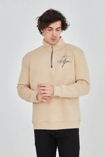 Erkek Yarım Fermuarlı Baskılı 3 iplik pamuklu sweatshirt - Bej