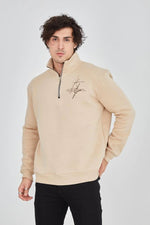 Erkek Yarım Fermuarlı Baskılı 3 iplik pamuklu sweatshirt - Bej
