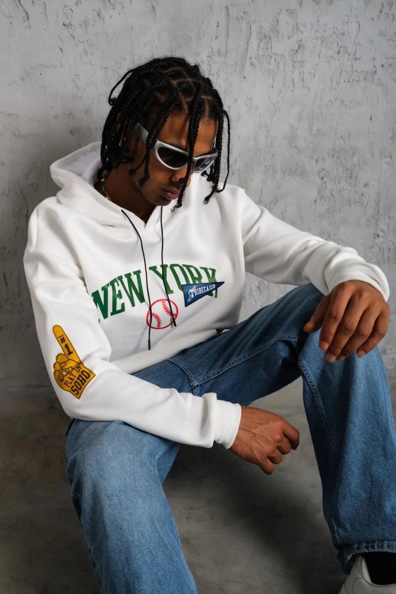 Erkek 3 İplik Pamuklu Kapüşonlu Baskılı Cepli Oversize Sweatshirt Hoodie - Beyaz