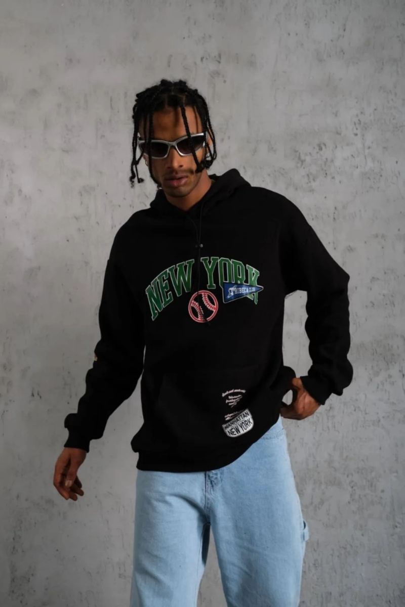 Erkek 3 İplik Pamuklu Kapüşonlu Baskılı Cepli Oversize Sweatshirt Hoodie - Siyah