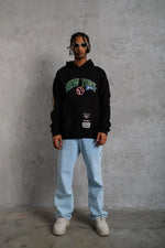 Erkek 3 İplik Pamuklu Kapüşonlu Baskılı Cepli Oversize Sweatshirt Hoodie - Siyah