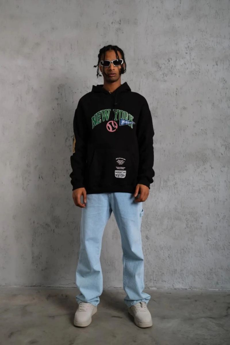 Erkek 3 İplik Pamuklu Kapüşonlu Baskılı Cepli Oversize Sweatshirt Hoodie - Siyah