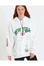 Kadın Oversize Kapüşonlu Cepli Ön Kol Baskılı 3 İplik Pamuklu Hoodie Sweatshirt - Beyaz