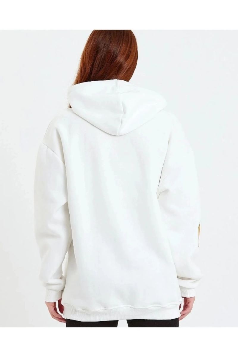 Kadın Oversize Kapüşonlu Cepli Ön Kol Baskılı 3 İplik Pamuklu Hoodie Sweatshirt - Beyaz