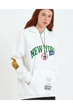 Kadın Oversize Kapüşonlu Cepli Ön Kol Baskılı 3 İplik Pamuklu Hoodie Sweatshirt - Beyaz
