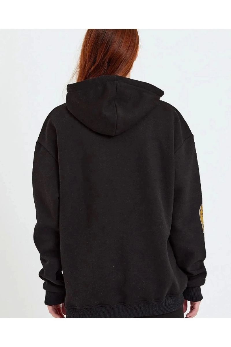 Kadın Oversize Kapüşonlu Cepli Ön Kol Baskılı 3 İplik Pamuklu Hoodie Sweatshirt - Siyah