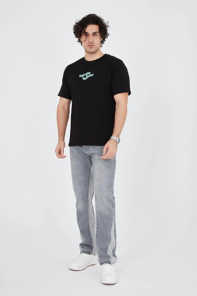 Erkek Baskılı T-Shirt Kısa Kol Bisiklet Yaka Regular Fit Rahat Kalıp Günlük Tişört - Siyah