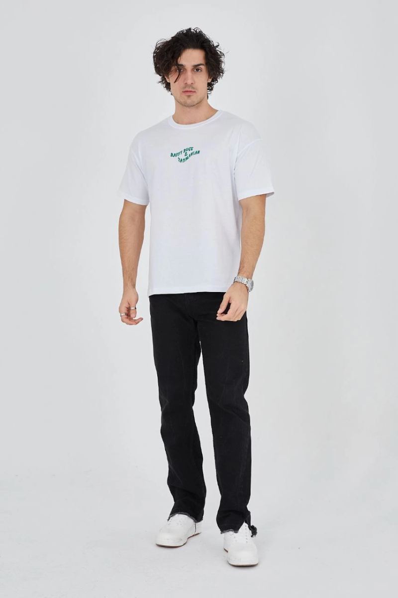 Erkek Baskılı T-Shirt Kısa Kol Bisiklet Yaka Regular Fit Rahat Kalıp Günlük Tişört - Beyaz