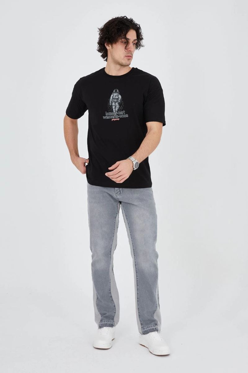 Erkek Baskılı T-Shirt Kısa Kol Bisiklet Yaka Regular Fit Rahat Kalıp Günlük Tişört - Siyah