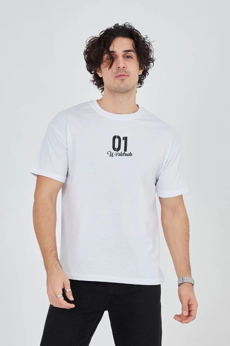Erkek Baskılı T-Shirt Kısa Kol Bisiklet Yaka Regular Fit Rahat Kalıp Günlük Tişört - Beyaz