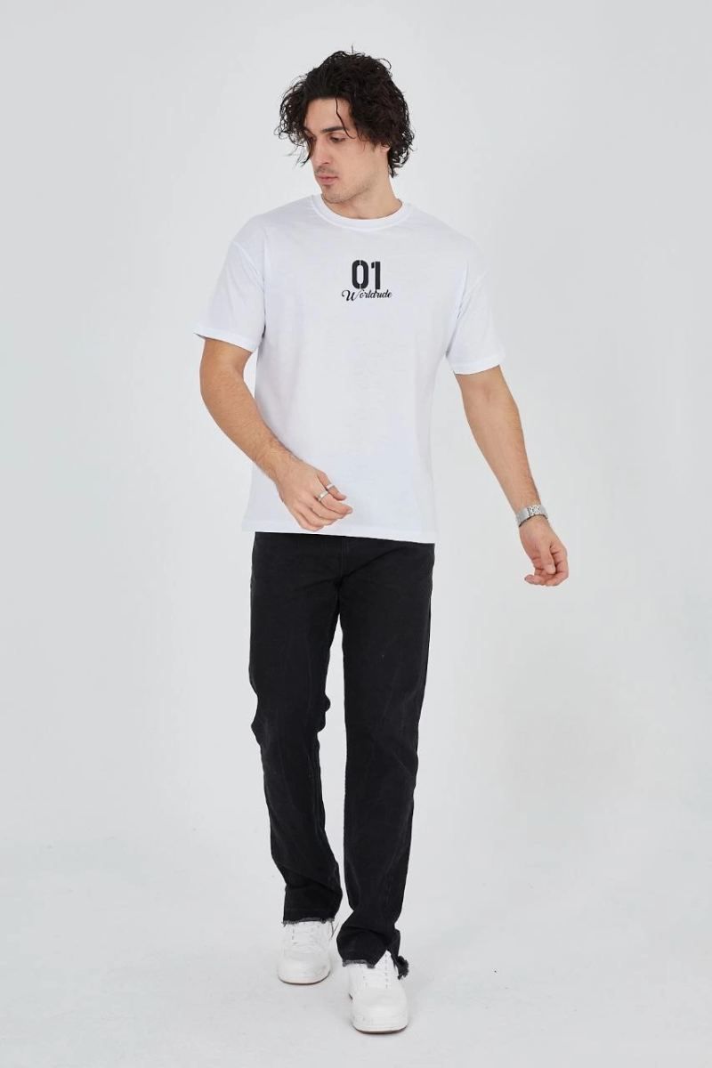 Erkek Baskılı T-Shirt Kısa Kol Bisiklet Yaka Regular Fit Rahat Kalıp Günlük Tişört - Beyaz