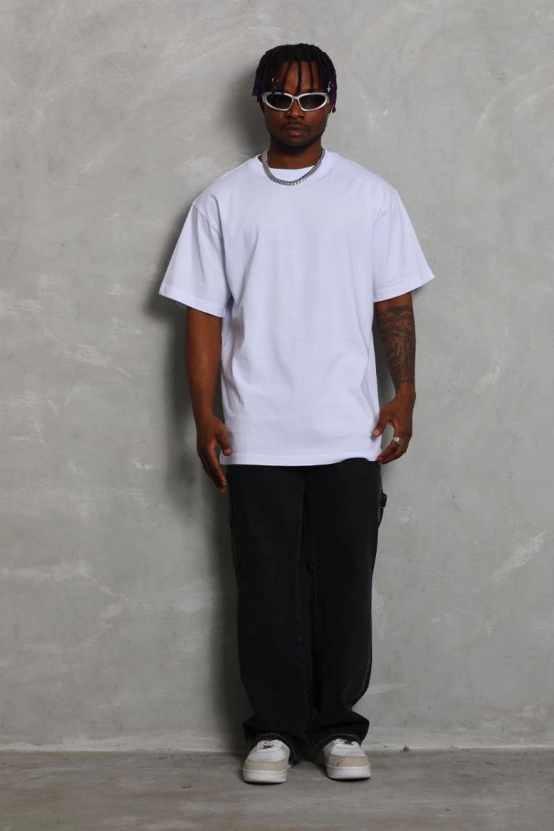 Erkek Düz Yazlık Kısa Kol Tişört Bisiklet Yaka Oversize T-Shirt - Beyaz