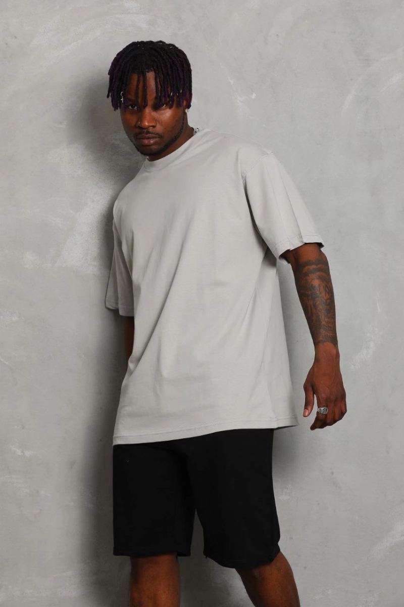 Erkek Düz Yazlık Kısa Kol Tişört Bisiklet Yaka Oversize T-Shirt - Gri