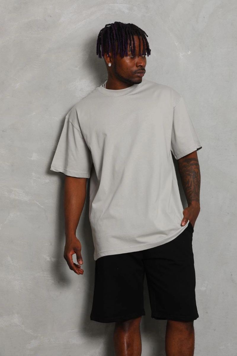 Erkek Düz Yazlık Kısa Kol Tişört Bisiklet Yaka Oversize T-Shirt - Gri