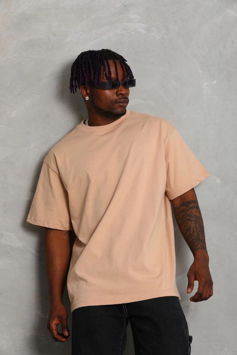 Erkek Düz Yazlık Kısa Kol Tişört Bisiklet Yaka Oversize T-Shirt - Bej
