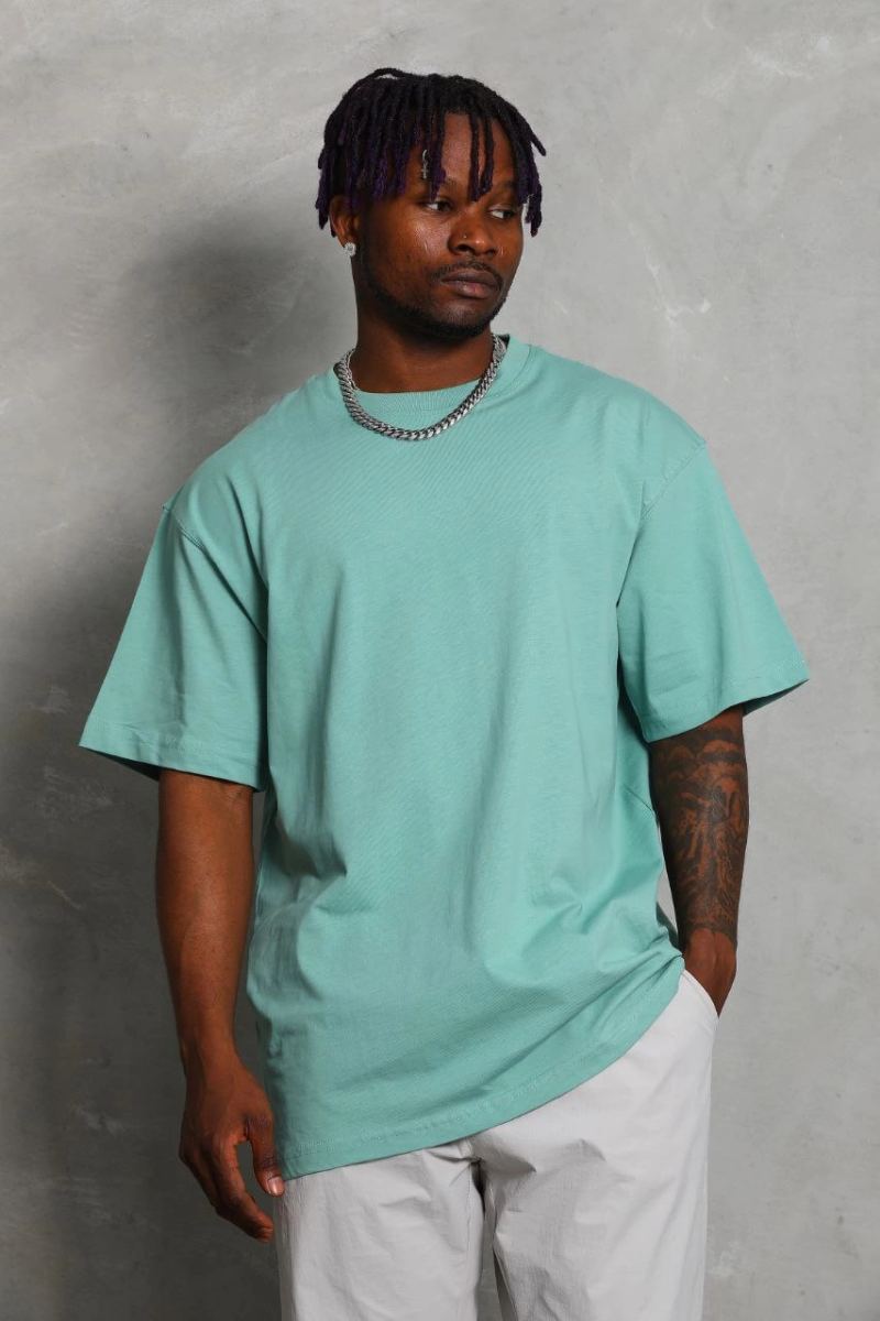 Erkek Düz Yazlık Kısa Kol Tişört Bisiklet Yaka Oversize T-Shirt - Mint Yeşili