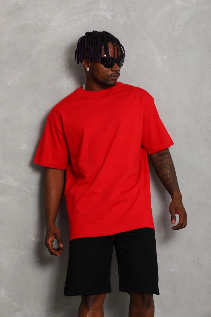 Erkek Düz Yazlık Kısa Kol Tişört Bisiklet Yaka Oversize T-Shirt - Kırmızı