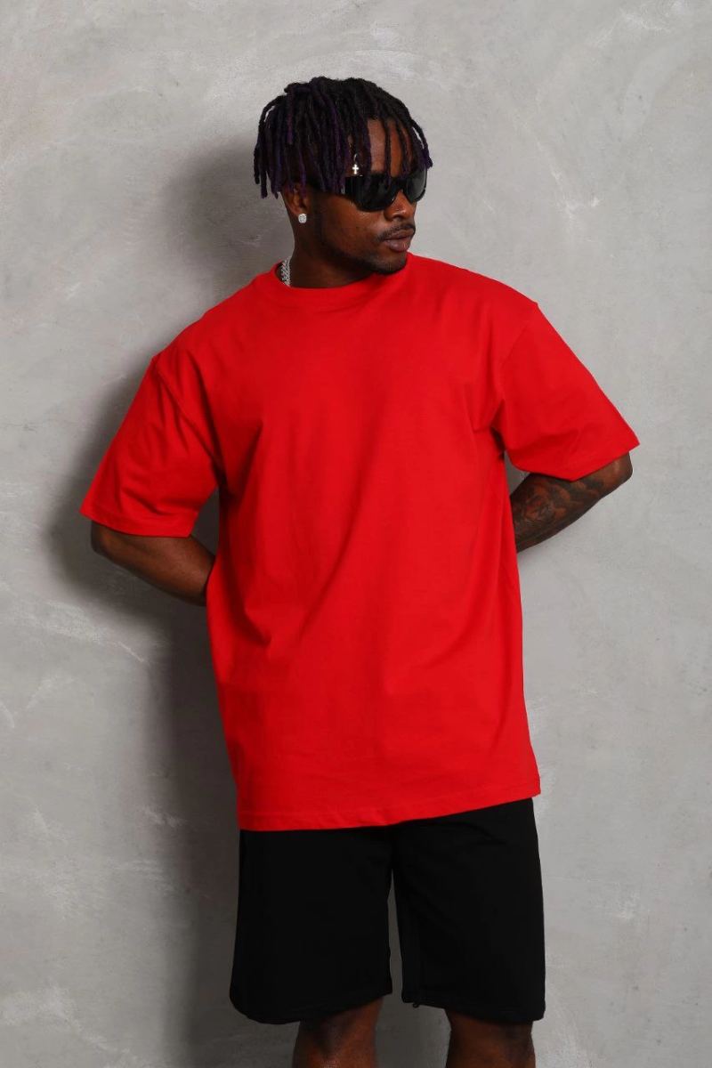 Erkek Düz Yazlık Kısa Kol Tişört Bisiklet Yaka Oversize T-Shirt - Kırmızı