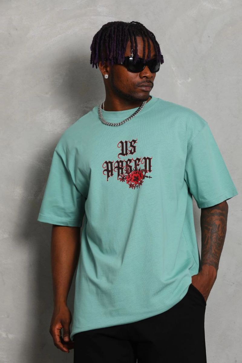 Erkek Baskılı Tişört Kısa Kol Bisiklet Yaka Oversize T-Shirt - Mint Yeşili